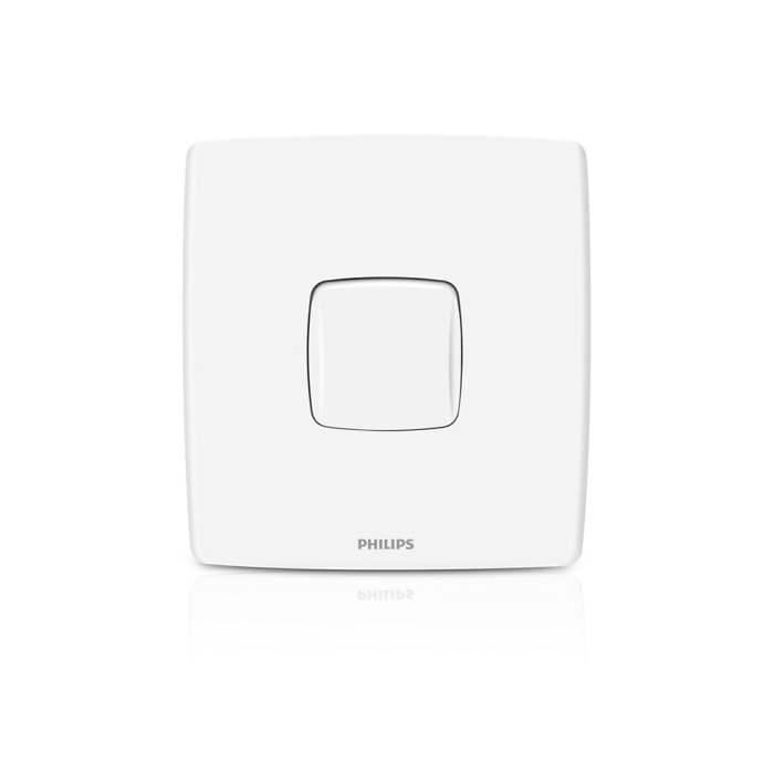 A white Philips light switch plate with a central square button cutout and the PHILIPS logo printed at the bottom, shown on a clean white background with a subtle reflection.Supplied by Chinoy Electric