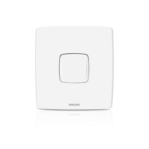 A white Philips light switch plate with a central square button cutout and the PHILIPS logo printed at the bottom, shown on a clean white background with a subtle reflection.Supplied by Chinoy Electric