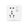 A white Philips wall outlet with a single slide switch, shown on a clean white background with a subtle reflection below.Supplied by Chinoy Electric