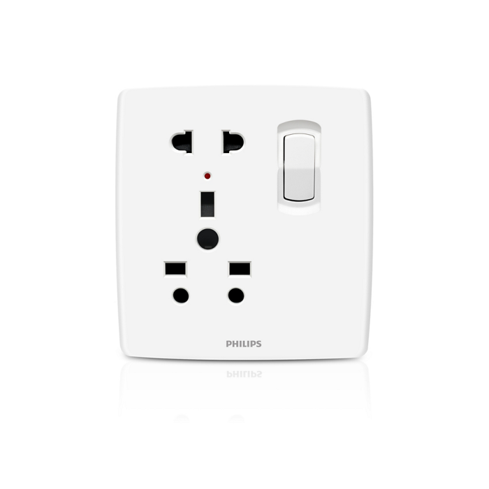 A white Philips wall outlet with a single slide switch, shown on a clean white background with a subtle reflection below.Supplied by Chinoy Electric