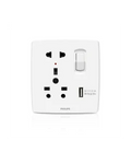 A white Philips smart wall outlet with a built-in switch, USB-C port, and three UK three-pin plugs, shown on a clean white background.Supplied by Chinoy Electric