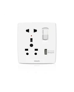 A white Philips smart wall outlet with a built-in switch, USB-C port, and three UK three-pin plugs, shown on a clean white background.Supplied by Chinoy Electric