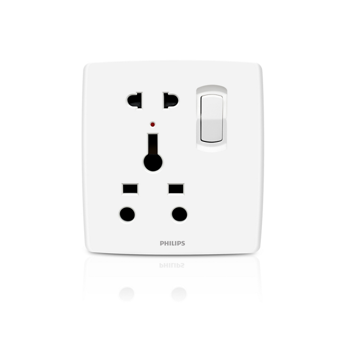 A white Philips wall outlet with a single-pole switch, photographed on a clean white background with a subtle reflection below.Supplied by Chinoy Electric