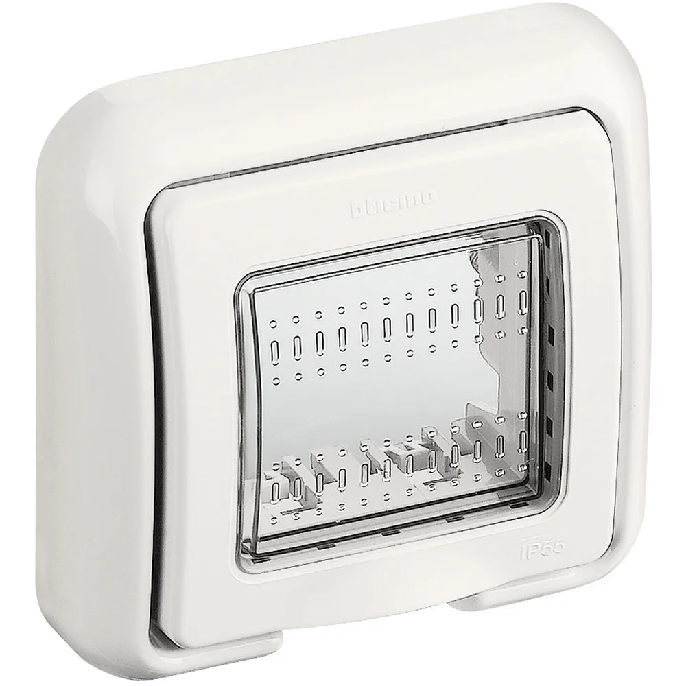 White rectangular electronic device with a clear cover on a white background