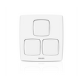 A white Philips three-button wall switch plate with a clean, minimalist design, shown on a white background with a subtle reflection below.Supplied by Chinoy Electric