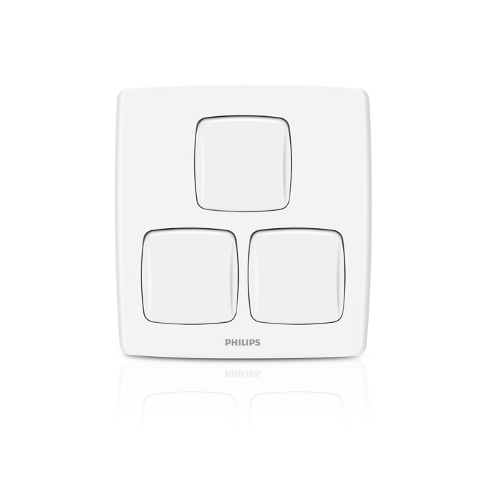 A white Philips three-button wall switch plate with a clean, minimalist design, shown on a white background with a subtle reflection below.Supplied by Chinoy Electric