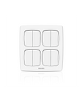 A white four-switch wall switch plate with a subtle reflection below, shown on a clean white background.Supplied by Chinoy Electric