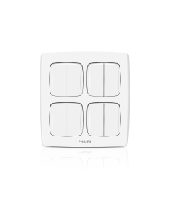 A white four-switch wall switch plate with a subtle reflection below, shown on a clean white background.Supplied by Chinoy Electric
