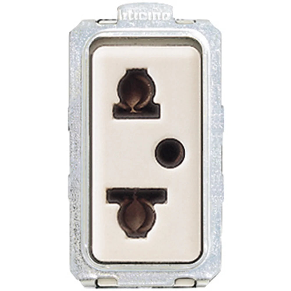 A single Italian-style three-pin wall outlet socket cover plate with a textured silver metal frame and a cream-colored faceplate, shown against a plain white background.