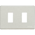 A brushed nickel double-gang switch plate cover by blicino, featuring two rectangular cutouts on a square plate with rounded corners.