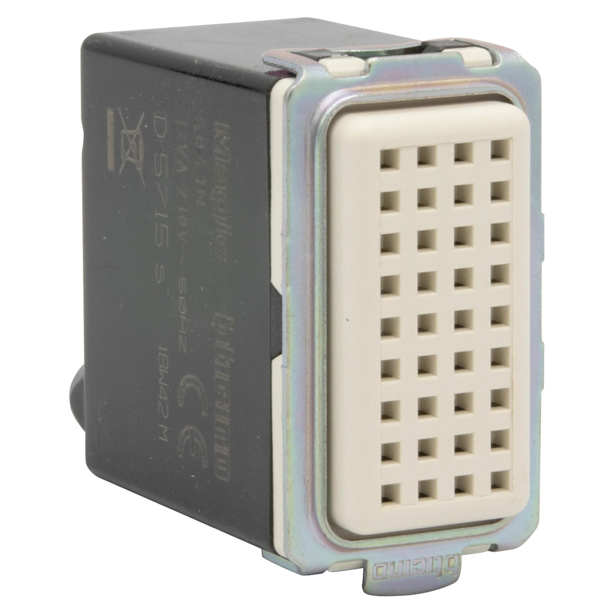 A small electrical relay component with a black body, a cream-colored multi-pin connector face, and a metallic silver frame, shown on a plain white background.