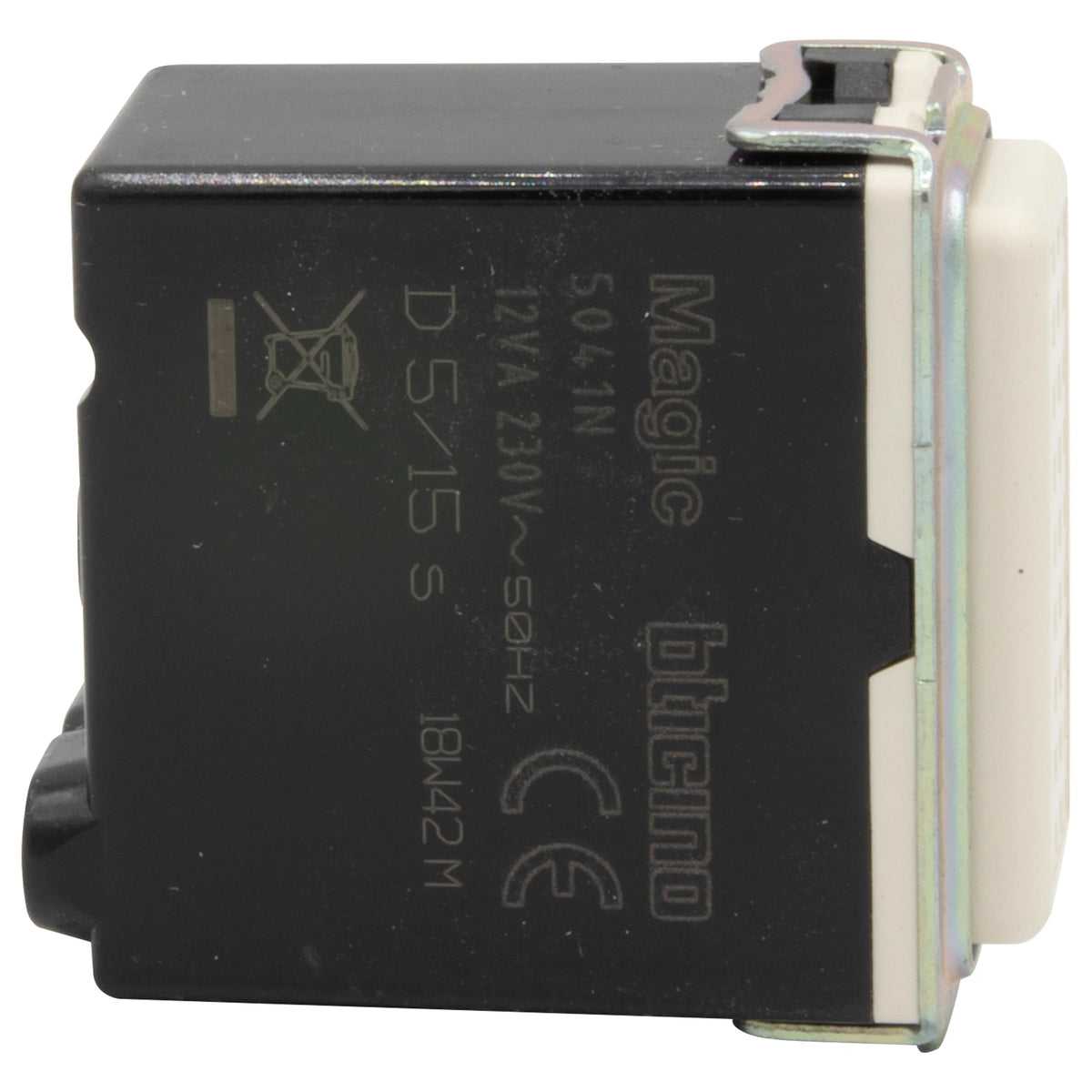 A black Magic Btenco 50/41N 12V 230V~50Hz relay contactor, model IB421M, with a white plastic connector housing and metal terminals.