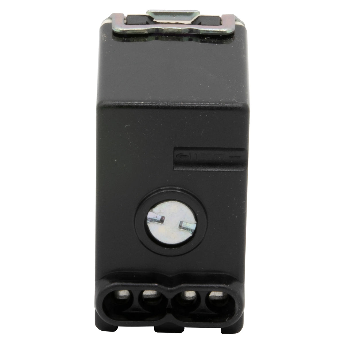 A black plastic electrical terminal block with three screw terminals at the bottom and a metal connector at the top, shown against a plain white background.