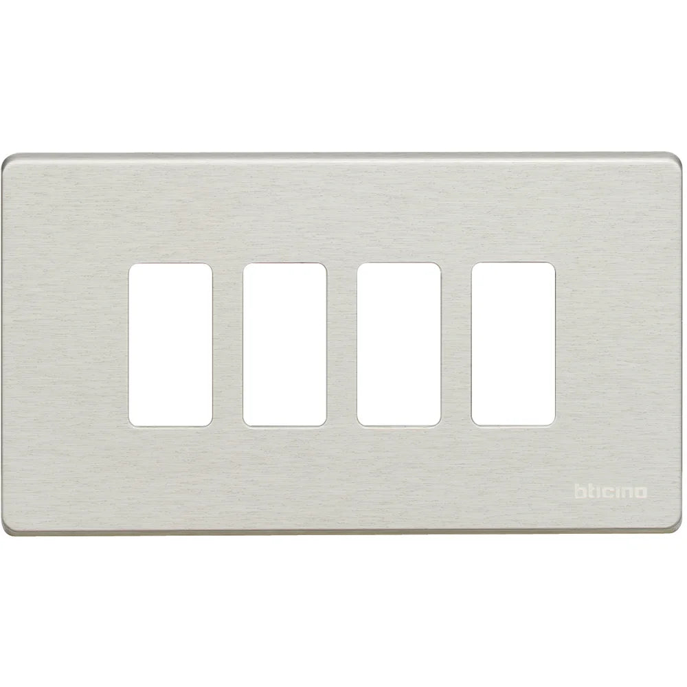 A brushed stainless steel 4-gang light switch plate cover by bticina, shown against a plain white background.