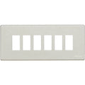 A brushed nickel 5-gang light switch plate with rectangular cutouts, shown against a plain white background.