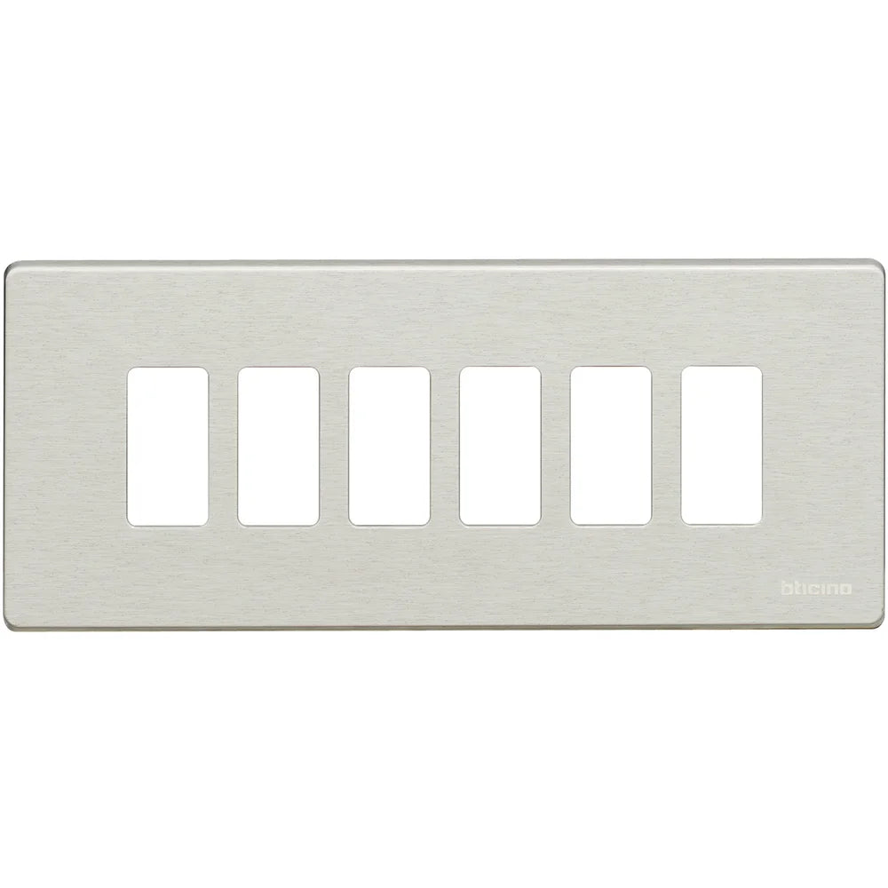 A brushed nickel 5-gang light switch plate with rectangular cutouts, shown against a plain white background.