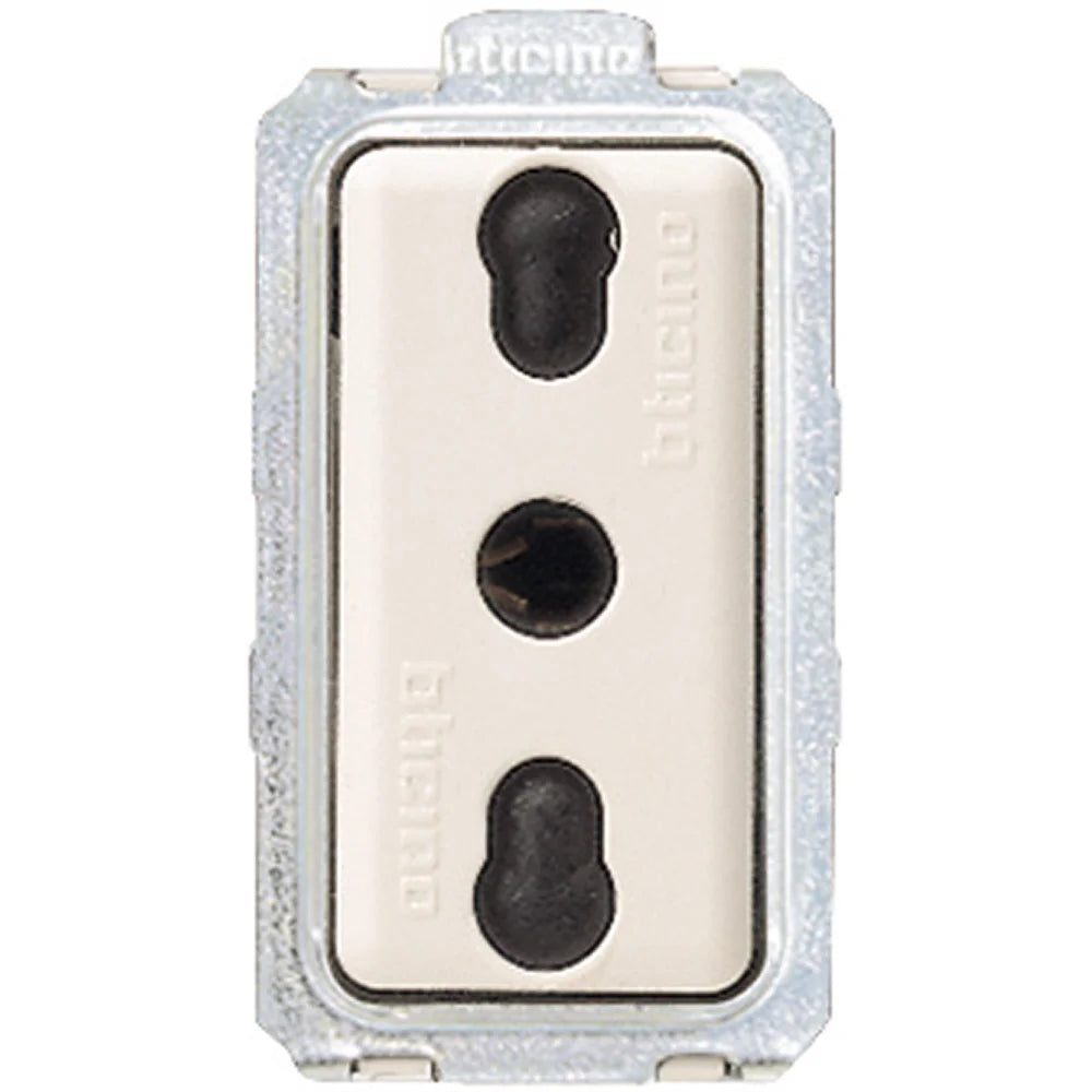 A close-up of a metal electrical outlet component with a silver-toned outer frame and a cream-colored center plate featuring two black keyhole-shaped cutouts and the brand name 'bico' embossed vertically.