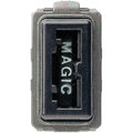 A close-up of a black plastic Magic: The Gathering card frame or insert with the word 'MAGIC' printed vertically in white on a black insert, isolated on a white background.