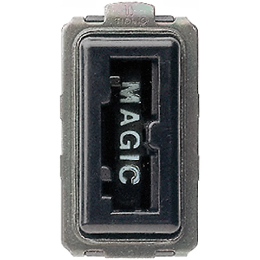 A close-up of a black plastic Magic: The Gathering card frame or insert with the word 'MAGIC' printed vertically in white on a black insert, isolated on a white background.