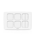 A white six-button wall switch plate with a minimalist design, featuring two square buttons on the top row and two rectangular toggle switches on the bottom row, shown on a clean white background.Supplied by Chinoy Electric