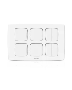 A white six-button wall switch plate with a minimalist design, featuring two square buttons on the top row and two rectangular toggle switches on the bottom row, shown on a clean white background.Supplied by Chinoy Electric