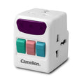A Camelion travel adapter plug-in with a white body, featuring a purple power button, three colored plug indicators in green, pink, and blue, and visible international outlet ports on the side.