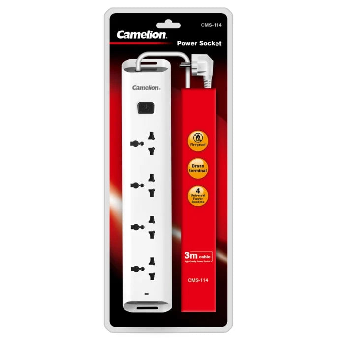 Camelion power socket packaging with red and black design on a white background