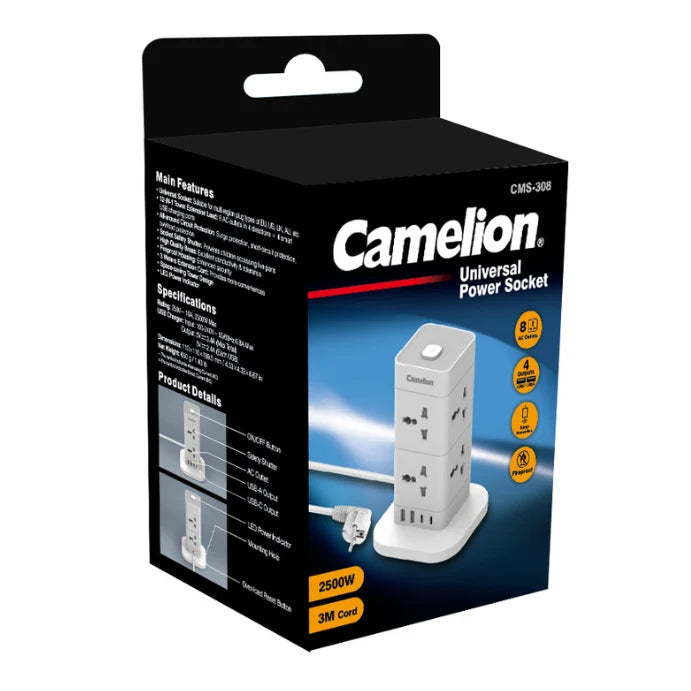 Camelion universal power socket packaging on a white background