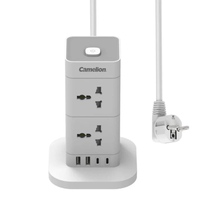 A Camelion multi-port power strip with USB charging ports and European plug sockets, shown on a clean white background with its power cord visible on the right.