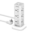 White power strip with multiple sockets and USB ports on a white background