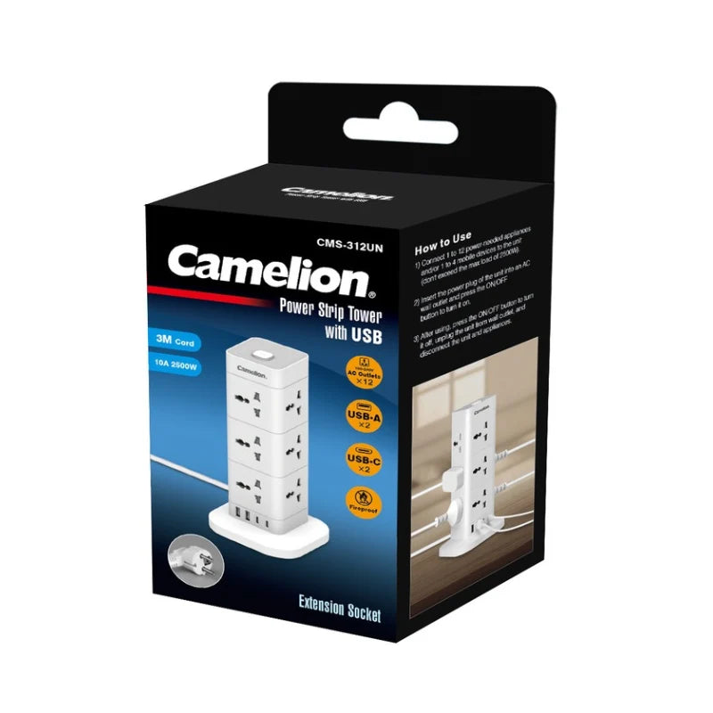 Camelion power strip tower with USB packaging on a white background