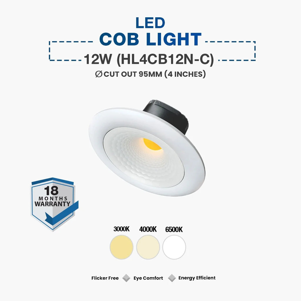A 12W LED COB light fixture shown on a light gray background with text indicating cut out size 95mm (4 inches), color options for 3000K, 4000K, and 6500K, and an 18-month warranty badge.