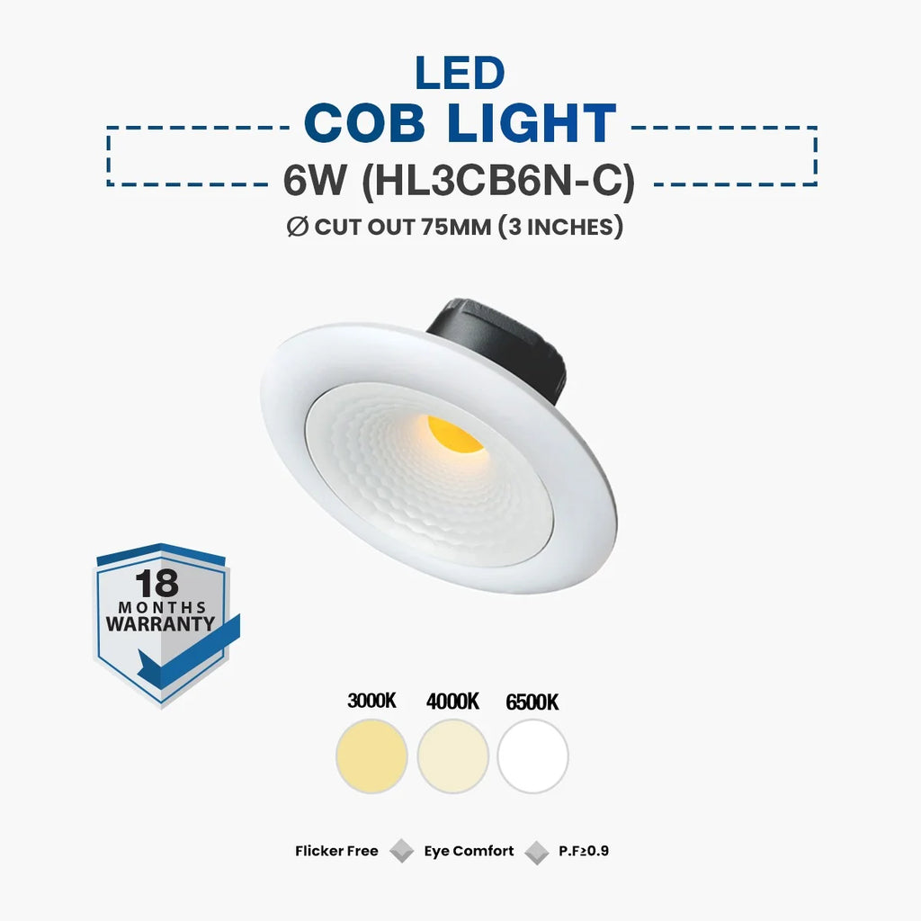A 6W COB LED recessed downlight shown on a light gray background with product text, an 18-month warranty badge, and color temperature options.