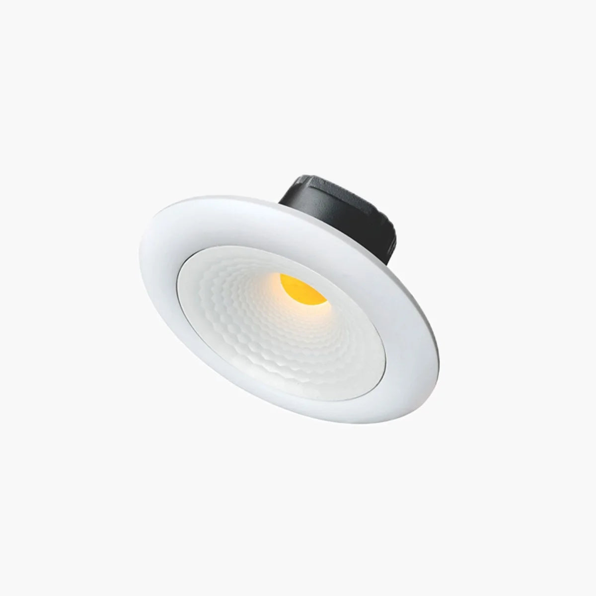 A recessed LED downlight fixture with a white circular frame, a black mounting collar, and a glowing warm yellow light inside a textured diffuser, shown against a plain white background.