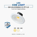 A 6W LED COB light fixture shown on a light gray background with text detailing its specifications, including 75mm cut out size and 3000K-6500K color options. A '2 Years Warranty' badge is also present.