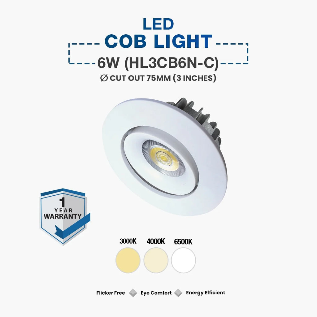 A 6W LED COB downlight spotlight shown on a light gray background with text reading 'LED COB LIGHT', '6W (HL3CB6N-C)', and cut-out size details. A '1 Year Warranty' badge appears on the left, and three color temperature swatches labeled 3000K, 4000K, and 6500K are shown below the lamp.