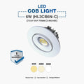 A 6W LED COB downlight spotlight shown on a light gray background with text reading 'LED COB LIGHT', '6W (HL3CB6N-C)', and cut-out size details. A '1 Year Warranty' badge appears on the left, and three color temperature swatches labeled 3000K, 4000K, and 6500K are shown below the lamp.