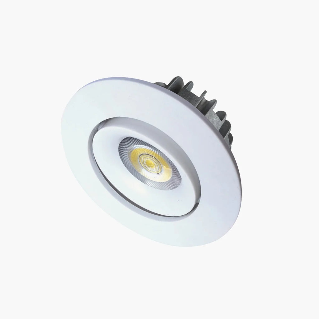 A recessed LED downlight with a white circular trim, a ribbed metal heat sink, and a clear lens over a yellow LED chip, shown on a plain white background.