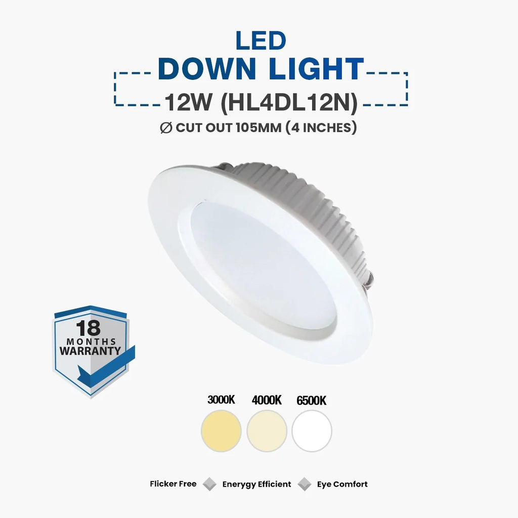 LED downlight with specifications and color temperature options on a white background