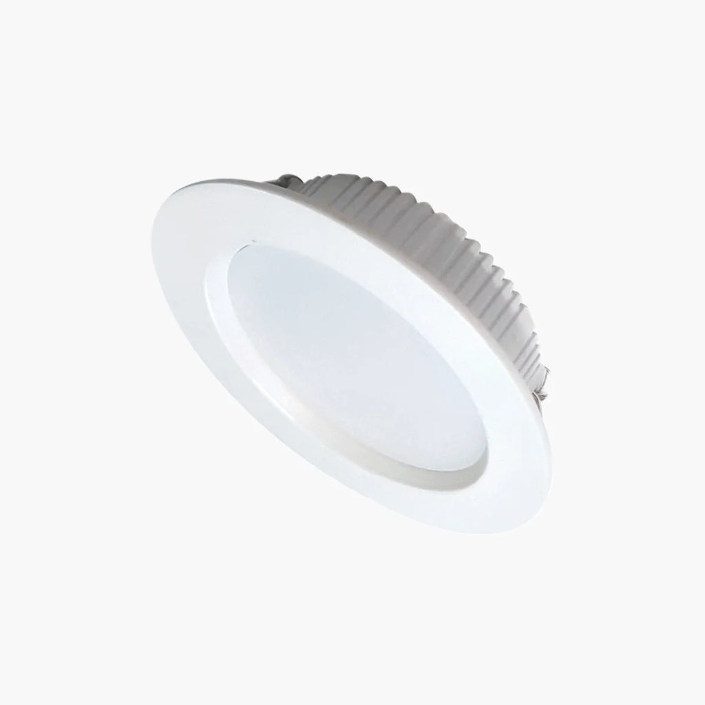 A recessed LED ceiling light fixture with a white circular face and a ribbed metallic silver outer rim, shown at an angle on a plain white background.