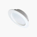 A recessed LED ceiling light fixture with a white circular face and a ribbed metallic silver outer rim, shown at an angle on a plain white background.