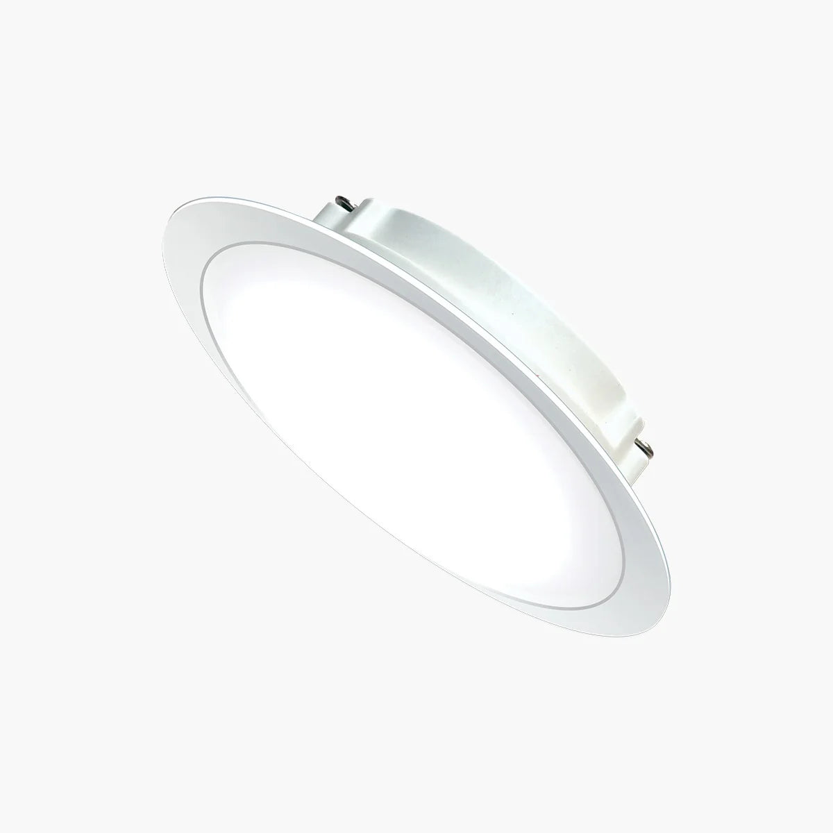 A recessed LED ceiling light with a white circular diffuser and a silver metal mounting rim, shown at an angle against a plain white background.