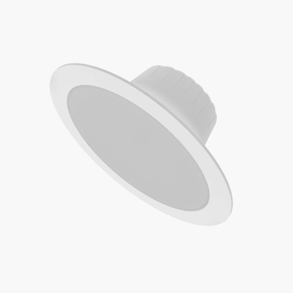 A white recessed ceiling light fixture shown at an angle against a solid white background.