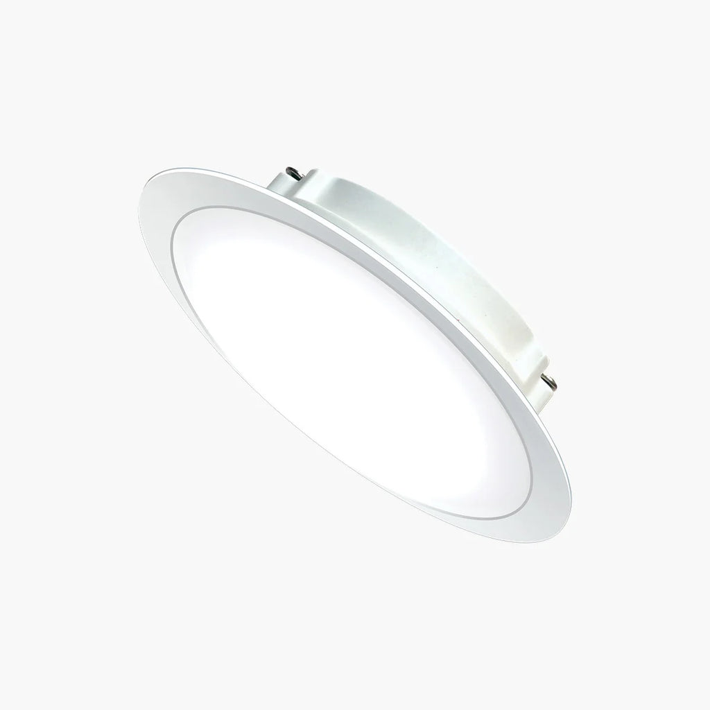 A recessed LED ceiling light with a white circular diffuser and a silver metal mounting rim, shown at an angle against a plain white background.