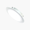 A recessed LED ceiling light with a white circular diffuser and a silver metal mounting rim, shown at an angle against a plain white background.