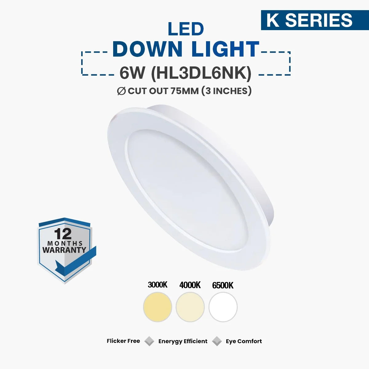 LED downlight with specifications and color temperature options on a white background