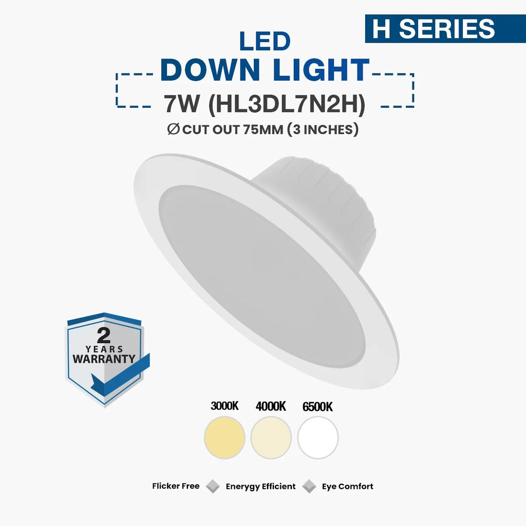 LED downlight with specifications and color temperature options on a white background