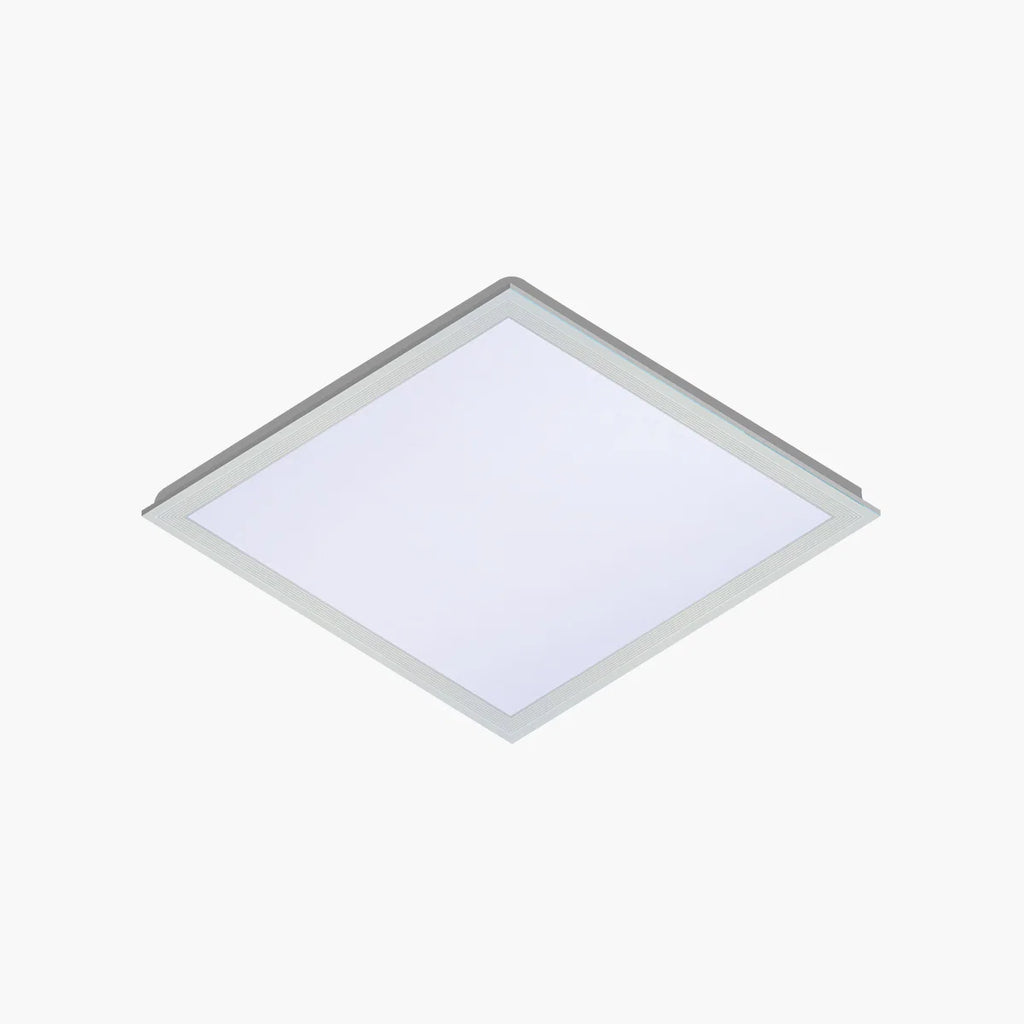 A square LED ceiling light fixture with a slim silver frame, shown at an angle against a plain white background.