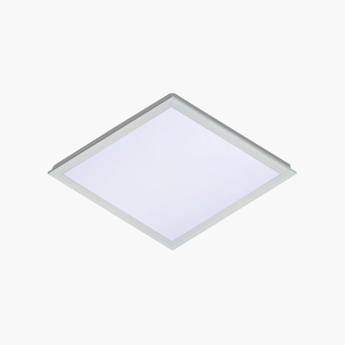 A square LED ceiling light fixture with a slim silver frame, shown at an angle against a plain white background.