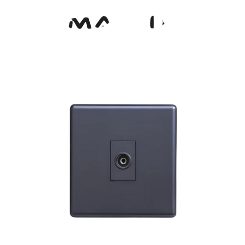 A single square wall outlet cover plate in a dark charcoal gray finish, featuring a central 1/4-inch audio jack. The image is presented on a clean white background with stylized black logo marks above the product.